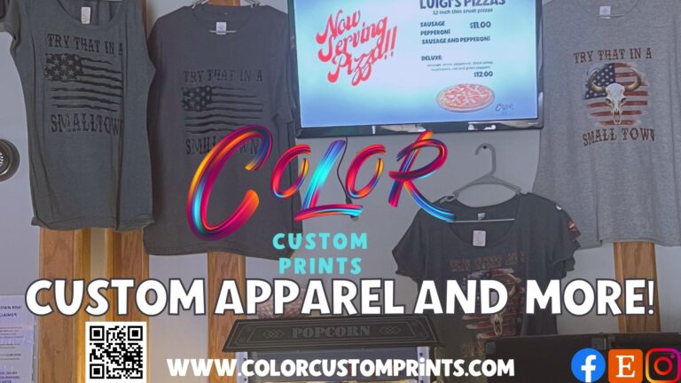 Image shows a banner with Color Custom Prints/What's UP Bar and Grill's Merchandise