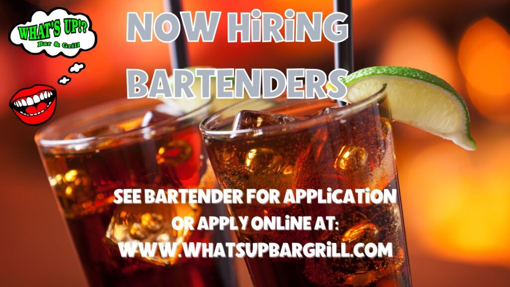 Image shows a banner that says now hiring bartenders